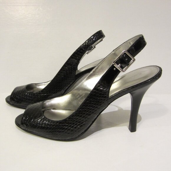 Calvin Klein Black Kona Snake Patent Peep-Toe Slingback Heels Pumps - Picture 1 of 12